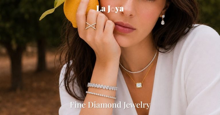 Woman holding a lemon while wearing La Joya lab grown diamond jewelry, including a crisscross ring, tennis bracelets, layered necklaces, and pear drop earrings.